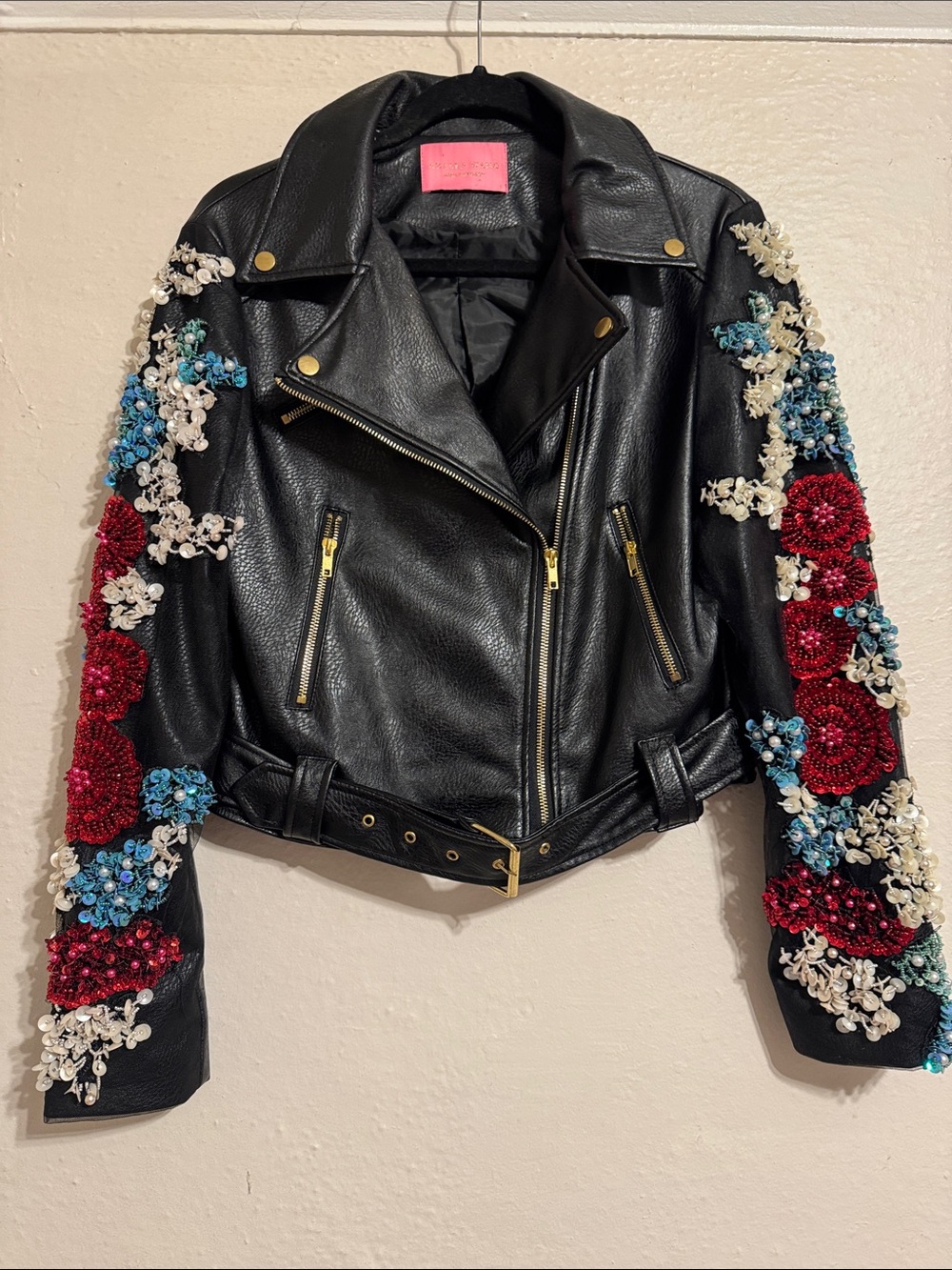 Black Leather Moto Jacket with Floral Bead Embellishment